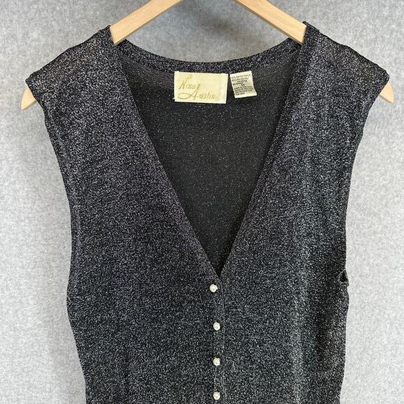 Nina Austin Dress Women Size M Black Sparkle V-Neck Sleeveless Button Front Midi - Picture 3 of 13